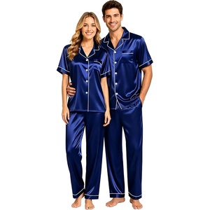 image:imageSWOMOG Couples Pajamas Sets Women amp Men Satin Short Sleeve Sleepwear Button Down Loungewear Pjs Sets with Long PantsNavy Blue