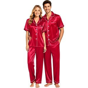 image:imageSWOMOG Couples Pajamas Sets Women amp Men Satin Short Sleeve Sleepwear Button Down Loungewear Pjs Sets with Long PantsRed