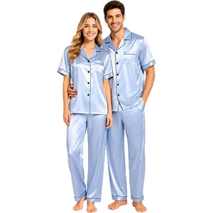 image:imageSWOMOG Couples Pajamas Sets Women amp Men Satin Short Sleeve Sleepwear Button Down Loungewear Pjs Sets with Long PantsSky Blue