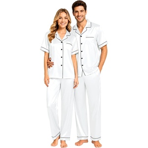 image:imageSWOMOG Couples Pajamas Sets Women amp Men Satin Short Sleeve Sleepwear Button Down Loungewear Pjs Sets with Long PantsWhite