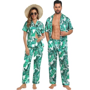 image:imageSWOMOG Couples Pajamas Sets Women amp Men Satin Short Sleeve Sleepwear Button Down Loungewear Pjs Sets with Long PantsWhite Leaves
