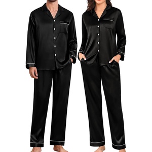 image:imageSWOMOG Couples Pajamas Womens ampMens Matching Pajamas Set Silk Satin Pj Set Long Sleeve Button Down Sleepwear 2 Pcs LoungewearBlack