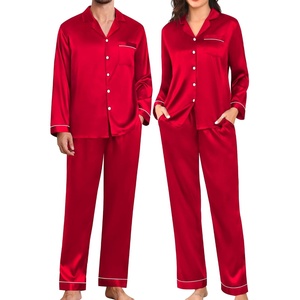 image:imageSWOMOG Couples Pajamas Womens ampMens Matching Pajamas Set Silk Satin Pj Set Long Sleeve Button Down Sleepwear 2 Pcs LoungewearDark Red