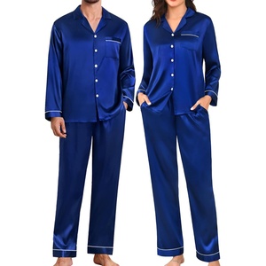 image:imageSWOMOG Couples Pajamas Womens ampMens Matching Pajamas Set Silk Satin Pj Set Long Sleeve Button Down Sleepwear 2 Pcs LoungewearNavy Blue