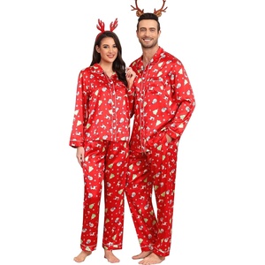image:imageSWOMOG Couples Satin Pajamas Set 2PCS Pjs Sets Long Sleeve amp Pants Sleepwear Button Down Loungewear with Pocket Women Z  Double Piping  Christmas Red XLarge