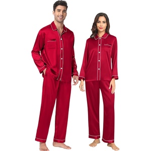 image:imageSWOMOG Couples Satin Pajamas Set 2PCS Pjs Sets Long Sleeve amp Pants Sleepwear Button Down Loungewear with Pocket Women Z  Double Piping  Scarlet Red Small