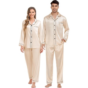 image:imageSWOMOG Couples Silky Satin Pajama Set Long Sleeve Pj Set Button Dwon Loungewear 2 PCS Sleepwear SetChampagne
