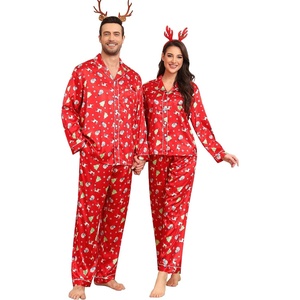 image:imageSWOMOG Couples Silky Satin Pajama Set Long Sleeve Pj Set Button Dwon Loungewear 2 PCS Sleepwear SetChristmas Red