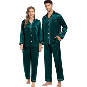 image:imageSWOMOG Couples Silky Satin Pajama Set Long Sleeve Pj Set Button Dwon Loungewear 2 PCS Sleepwear SetDeep Green
