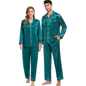 image:imageSWOMOG Couples Silky Satin Pajama Set Long Sleeve Pj Set Button Dwon Loungewear 2 PCS Sleepwear SetGreen