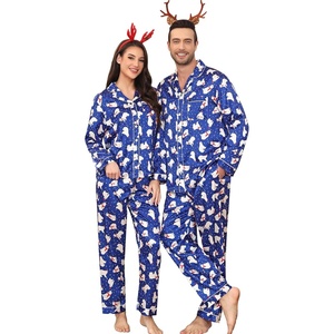 image:imageSWOMOG Couples Silky Satin Pajama Set Long Sleeve Pj Set Button Dwon Loungewear 2 PCS Sleepwear SetPolar Blue Bear