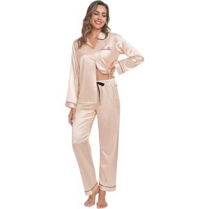 image:imageSWOMOG Family Matching Pajama Set 2Pcs Silk Satin Sleepwear Long Sleeve Button Down LoungewearChampagne