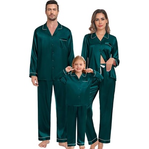 image:imageSWOMOG Family Matching Pajama Set 2Pcs Silk Satin Sleepwear Long Sleeve Button Down LoungewearDark Green