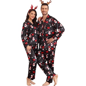 image:imageSWOMOG Family Satin Pajama Set Long Sleeve Sleepwear Button Down Loungewear Silky Pj Set with Long PantsChristmas Snowman