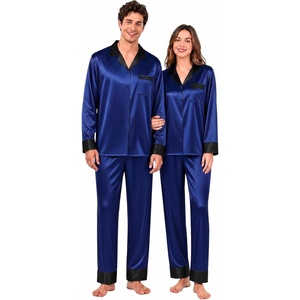 image:imageSWOMOG Family Satin Pajama Set Long Sleeve Sleepwear Button Down Loungewear Silky Pj Set with Long PantsNavy Blue