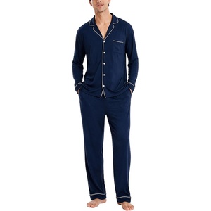 image:imageSWOMOG Mens Christmas Pjs Set with Pockets Long Sleeve Modal Sleepwear Button Down Pajamas Soft Loungewear 2 Pcs Comfy Pj Set Navy Blue