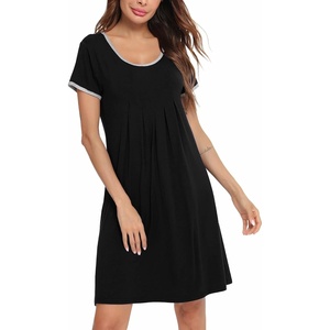 image:imageSWOMOG Night Shirts for Women Cotton Nightdress Round Neck Pajama Dress Short Sleeve Sleepwear Pleated Nightgown Black XLarge