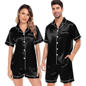 image:imageSWOMOG Satin Matching Pajamas Sets Couple Silk Button Down Nightwear Women amp Men Short Sleeve Sleepwear 2 Pieces LoungewearBlack
