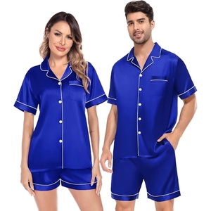 image:imageSWOMOG Satin Matching Pajamas Sets Couple Silk Button Down Nightwear Women amp Men Short Sleeve Sleepwear 2 Pieces LoungewearBlue