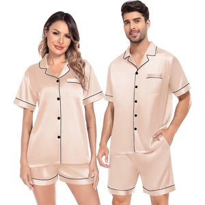 image:imageSWOMOG Satin Matching Pajamas Sets Couple Silk Button Down Nightwear Women amp Men Short Sleeve Sleepwear 2 Pieces LoungewearChampagne
