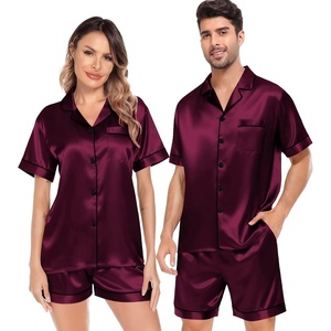 image:imageSWOMOG Satin Matching Pajamas Sets Couple Silk Button Down Nightwear Women amp Men Short Sleeve Sleepwear 2 Pieces LoungewearDark Wine Red