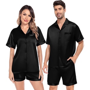 image:imageSWOMOG Satin Matching Pajamas Sets Couple Silk Button Down Nightwear Women amp Men Short Sleeve Sleepwear 2 Pieces LoungewearDimblack