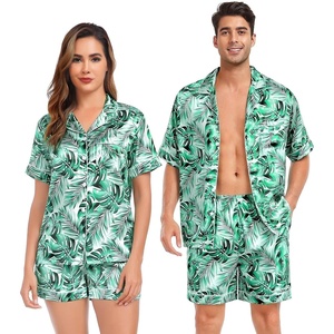 image:imageSWOMOG Satin Matching Pajamas Sets Couple Silk Button Down Nightwear Women amp Men Short Sleeve Sleepwear 2 Pieces LoungewearGreen Leaves