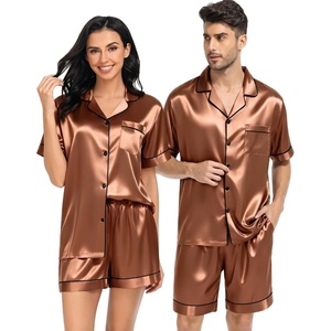 image:imageSWOMOG Satin Matching Pajamas Sets Couple Silk Button Down Nightwear Women amp Men Short Sleeve Sleepwear 2 Pieces LoungewearKhaki