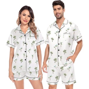 image:imageSWOMOG Satin Matching Pajamas Sets Couple Silk Button Down Nightwear Women amp Men Short Sleeve Sleepwear 2 Pieces LoungewearWhite Coconut Tree