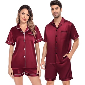 image:imageSWOMOG Satin Matching Pajamas Sets Couple Silk Button Down Nightwear Women amp Men Short Sleeve Sleepwear 2 Pieces LoungewearWine Red