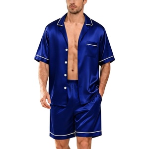 image:imageSWOMOG Silk Satin Pajamas Sets for Men Short Sleeve 2 Piece Button Down Sleepwear Mens Loungewear Sets with PocketsDeep Navy Blue