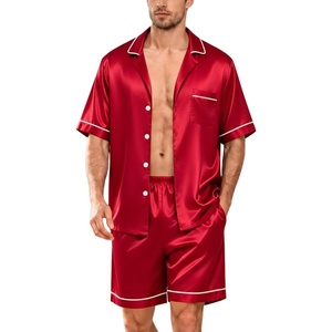 image:imageSWOMOG Silk Satin Pajamas Sets for Men Short Sleeve 2 Piece Button Down Sleepwear Mens Loungewear Sets with PocketsRed