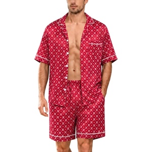image:imageSWOMOG Silk Satin Pajamas Sets for Men Short Sleeve 2 Piece Button Down Sleepwear Mens Loungewear Sets with PocketsRed Floral