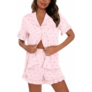 image:imageSWOMOG Woman Pajama Set Short Sleeve Pjs Set 2Pcs Short Pajamas Button Down Ruffle Hem Sleepwear Soft Modal LoungewearBlush Pink Bow