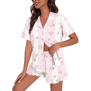 image:imageSWOMOG Woman Pajama Set Short Sleeve Pjs Set 2Pcs Short Pajamas Button Down Ruffle Hem Sleepwear Soft Modal LoungewearPink Rose Floral