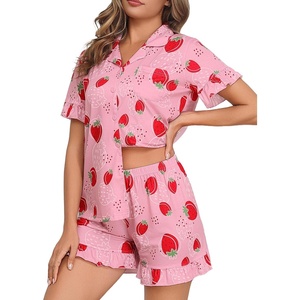 image:imageSWOMOG Woman Pajama Set Short Sleeve Pjs Set 2Pcs Short Pajamas Button Down Ruffle Hem Sleepwear Soft Modal LoungewearPink Strawberry