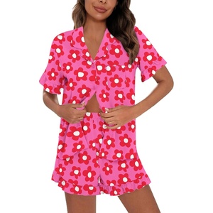 image:imageSWOMOG Woman Pajama Set Short Sleeve Pjs Set 2Pcs Short Pajamas Button Down Ruffle Hem Sleepwear Soft Modal LoungewearRose Flower