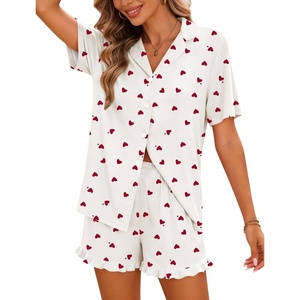 image:imageSWOMOG Woman Pajama Set Short Sleeve Pjs Set 2Pcs Short Pajamas Button Down Ruffle Hem Sleepwear Soft Modal LoungewearWhite Heart