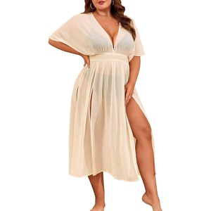 image:imageSWOMOG Women Plus Size Swimsuit Cover Up Bikini Bathing Suit Sexy Deep V Neck Swim Beach Dresses Summer BeachwearLongapricot