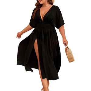 image:imageSWOMOG Women Plus Size Swimsuit Cover Up Bikini Bathing Suit Sexy Deep V Neck Swim Beach Dresses Summer BeachwearLongblack