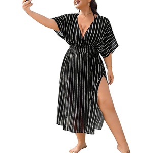 image:imageSWOMOG Women Plus Size Swimsuit Cover Up Bikini Bathing Suit Sexy Deep V Neck Swim Beach Dresses Summer BeachwearLongblack Stripe