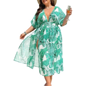 image:imageSWOMOG Women Plus Size Swimsuit Cover Up Bikini Bathing Suit Sexy Deep V Neck Swim Beach Dresses Summer BeachwearLonggreen Leaf