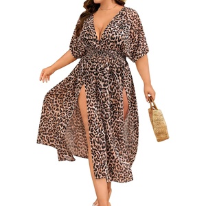 image:imageSWOMOG Women Plus Size Swimsuit Cover Up Bikini Bathing Suit Sexy Deep V Neck Swim Beach Dresses Summer BeachwearLongleopard Print