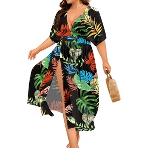 image:imageSWOMOG Women Plus Size Swimsuit Cover Up Bikini Bathing Suit Sexy Deep V Neck Swim Beach Dresses Summer BeachwearLongmuticolor Leaf
