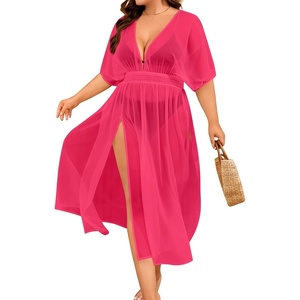 image:imageSWOMOG Women Plus Size Swimsuit Cover Up Bikini Bathing Suit Sexy Deep V Neck Swim Beach Dresses Summer BeachwearLongrose Red