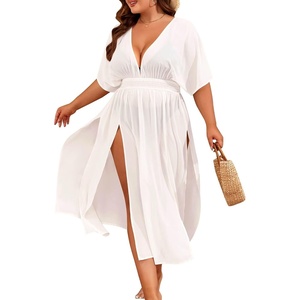 image:imageSWOMOG Women Plus Size Swimsuit Cover Up Bikini Bathing Suit Sexy Deep V Neck Swim Beach Dresses Summer BeachwearLongwhite
