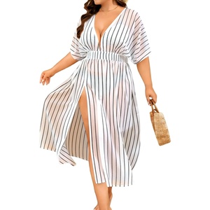 image:imageSWOMOG Women Plus Size Swimsuit Cover Up Bikini Bathing Suit Sexy Deep V Neck Swim Beach Dresses Summer BeachwearLongwhite Stripe