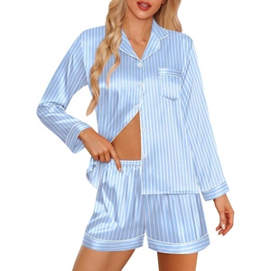 image:imageSWOMOG Womens 2 PCS  3 PCS Pajamas Set Silk Satin Long Sleeve Sleepwear Button Down Loungewear Pjs NightwearZ  Blue Striped  2 Pcs