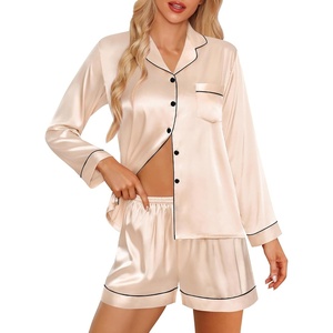 image:imageSWOMOG Womens 2 PCS  3 PCS Pajamas Set Silk Satin Long Sleeve Sleepwear Button Down Loungewear Pjs NightwearZ  Champagne  2 Pcs
