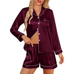 image:imageSWOMOG Womens 2 PCS  3 PCS Pajamas Set Silk Satin Long Sleeve Sleepwear Button Down Loungewear Pjs NightwearZ  Deep Wine Red  2 Pcs